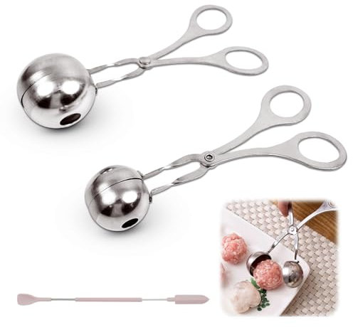 HweeWanX 2 Stück Fleischbällchen Former, Arancini Maker, Frikadellenformer, Antihaft Fleischballer Kugelzange, Edelstahl Fleischbällchen Formerm mit einem kleinen rosa verstellbaren Spatel