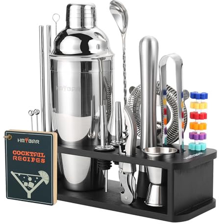 HMYBAR® 22-Piece Cocktail Shaker Set, Mixology Bartender Kit with 24oz Cobbler Shaker, Home Bar Tool Set with Black Bamboo Stand, 39 Recipe Cards, Glass Markers, Gift for Men & Dad