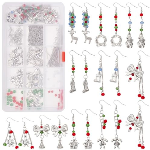 INFUNLY 1 Box DIY 10 Pair Christmas Antique Silver Snowman Earrings Making Kit Snowflake Boots Elk Charm Pendants Christmas Tree Enamel Silver Charms for Jewellery Earring Making with Instruction