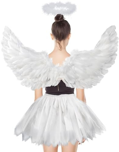 Disfraz de ángel blanco para adulto, 3 unidades, disfraz de ángel blanco, 80 cm, falda de tul de 70 – 110 cm, alas de ángel para mujer, alas de ángel para adultos, falda tutú, alas de ángel para niños