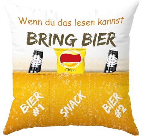 KAMACA Bierkissen Lustiges Dekokissen 43x43 cm mit Füllung Kissen mit befüllbaren Taschen und witzigem Spruch Geschenk für Männer Papa Gamer Freund für Couch Filmabend Vatertag (Bierkissen A)