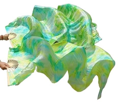 WXHVLTT Belly Dance Silk Veil Fans Women Real Silk Belly Dance Fan Veil Silk Belly Dance Bamboo Fans Long Tie-Dyed Dance Fans 1.8 Meter/ 5.91 ft (Green)