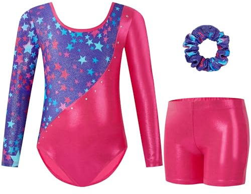 Gogokids Mädchen Dreiteilige Gymnastikanzüge, Langärmliges Gymnastik Set mit Shorts und Haarband, Glitzernde Balletteinheitstrikots - Gymnastik Outfit mit Farbverlaufdesign für 8-9 Jahre
