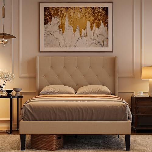 Xbro Bettrahmen 120 x 200 cm mit Kopfteil und Lattenrost,Einzelbett,Leicht zu Montieren und Stabil,20 cm Ablagefläche,Beige