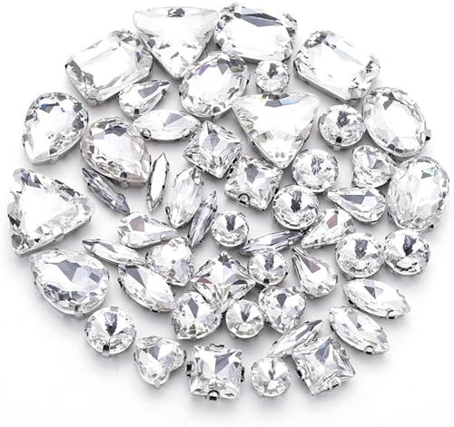 50 Stück Aufnähbare Strasssteine Glitzersteine Glas Edelsteine ​​Mit Loch Silberne Krappenfassung Flache Rückseite für DIY Bastelarbeiten Kleider Kleidung Schuhe Taschen Dekorationen