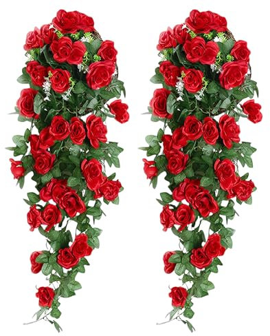 CHAOTEMAI Piante Finte da Interno 85cm Fiori di Stoffa Mazzo di Fiori Artificiali Fiori Finti Autunnali Piante Finte Rosa Artificiali Rosa Piante da Esterno e Interno per Matrimonio (Rosso)