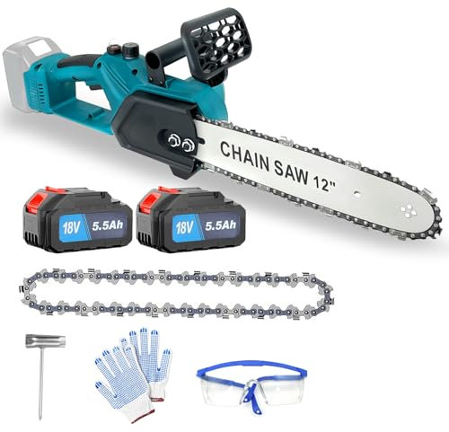 Cordless Chainsaw 12 Inch for Makita 18V Battery, Portable Battery Chainsaw Handheld Chain Saw for Tree Trimming Branches Wood Cutting (2Pcs 5.5Ah Battery)