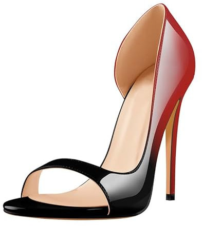 Meinabsatz Escarpins classiques pour femme à talons hauts Stiletto Chaussures rondes ouvertes vernis, Noir et rouge., 42 EU