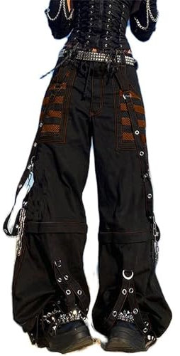 Fiacafyo Damen Vintage Baggy Jeans Grunge Gothic Tripp Pants Punk Goth Wide Leg Denim Pants Y2k Loose Casual Jeans Streetwear, C-Orange, S