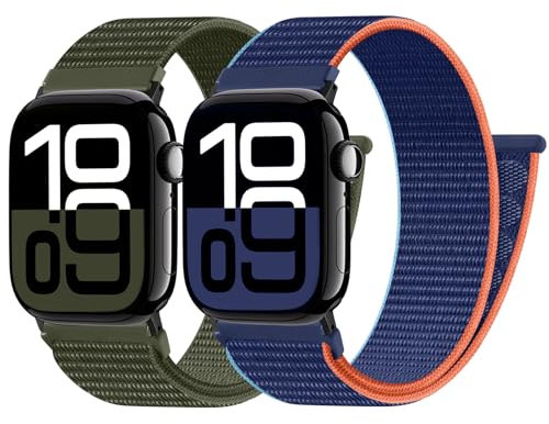 PIOWNN 2 Stück Nylon Armbänder Kompatibel mit Apple Watch Armband 46mm 45mm 44mm 42mm 49mm, Loop Klettverschluss Sportarmband für iWatch Series 10 9 8 7 6 5 4 3 2 1 SE Ultra, Armeegrün+Blau Orange
