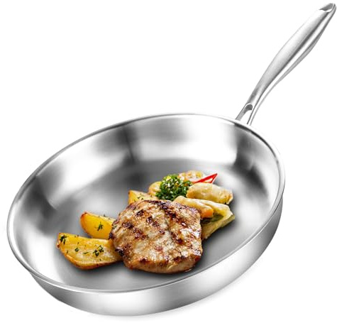 DELARLOCHEF Edelstahlpfanne 22 cm, Durchgehend 3-lagig Bratpfanne | Unbeschichtet, Induktions, Hocheffiziente und Energieeffiziente Pfannen für Steak, Ei, Spülmaschinenfest