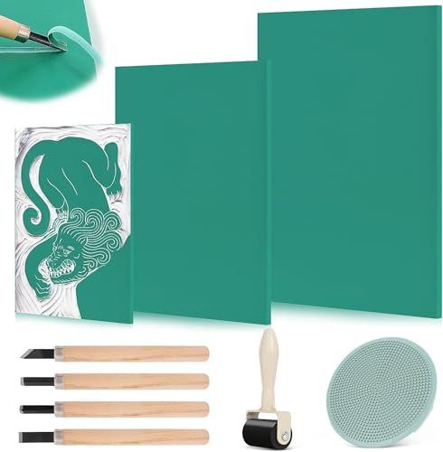 EIMZU Linoleum Platten Linoldruck Set, 9 Stück A4 A5 A6 Umweltschonendem Linoleum Platte, Weichgummi Linoldruck Platte Sicherheit Präzises Drucken, für Stempel Selber Machen, Druckprojekte