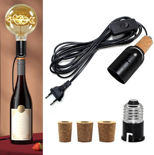 B22 Lampenfassung für Flaschen, 240CM Kabel E27 Fassung mit B22 Konverter, Flaschenlicht Flaschenadapter Lampe mit 3 Korke, Schwarz Flaschenlampe Aufsatz, Tischlampe Kit für Vielfältig Flaschen