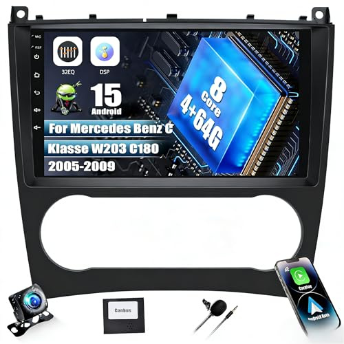 SIXWIN 8-Core 4+64G Android 15 Autoradio für Mercedes Benz Classe C W203,W209 C180, C200(2005-2009) CarPlay/Android Auto/DSP Autoradio, 9 Zoll Touchscreen mit GPS WiFi Bluetooth 5.0 FM RDS+32 Band EQ