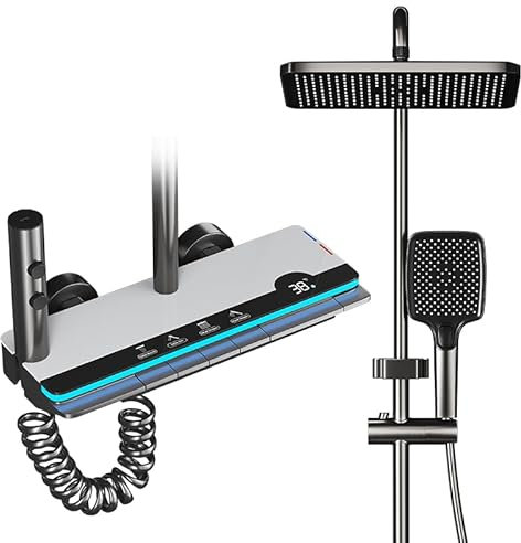 High Pressure Piano Thermostatic 4 Key Shower Mixer with LCD Display, Wall Mount – Bonus Shower Mat Included