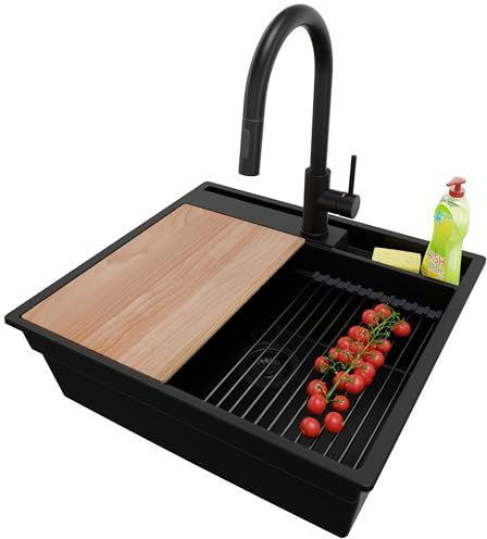 PRIMAGRAN Evier Cuisine en Granit Tout Noir 58x53cm, Lavabo 1 bac + Kit de Vidage + Accessoires, Évier à Encastrer al mueble 60cm - Oslo Pocket S204