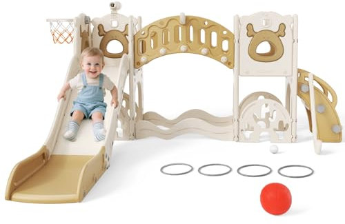 Toboggan pour Enfants, Toboggan indépendant pour Tout-Petits avec Panier de Basket, équipement de Jeu pour Toboggan, toboggans extérieurs pour Enfants (Kaki-7)