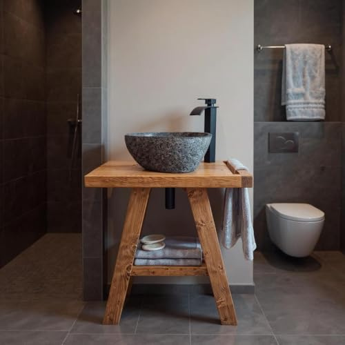 Tribe Joinery BORA Rustic Wooden Bathroom Vanity Console, Storage Shelf, Natura Solid Wood (L80xW44xH70)