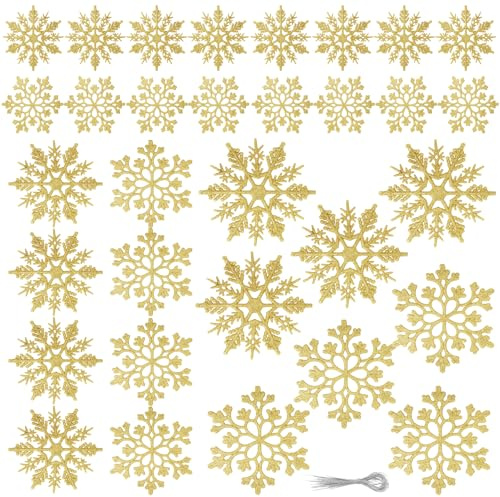 32 Stück Schneeflocken Deko, 5/7/10cm Goldenen Schneeflocken Glitter Weihnachtsbaum Deko, Gold Schneeflockens Anhänger für Christbaumschmuck Fenster und Wände Weihnachtsdeko
