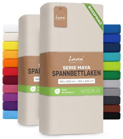 Lavea® 2er Pack Spannbettlaken 140/160x200cm – Creme Naturweiß | 100% Baumwolle – Für Boxspringbetten und Wasserbetten – Für Matratzen bis ca. 35 cm Höhe – Formstabil