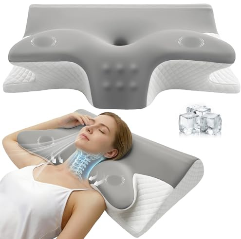 Honfay Ergonomisches Nackenstützkissen, 2-in-1 Memory-Schaum-Kissen mit Armlehnen, Zwei Höhen für Seiten-, Rücken- und Bauchschläfer, 62 x 42 x 13/11 cm (Grau)