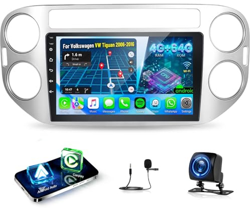 4G+64G Android Radio de Coche para Volkswagen VW Tiguan 2006-2016 con Wireless Carplay & Android Auto, Pantalla Táctil IPS de 9 Pulgadas con GPS, WiFi, 32EQ, Bluetooth 5.0, Radio FM/RDS