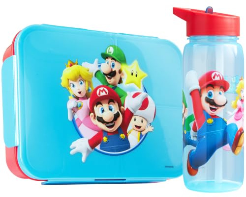 Get Trend Super Mario Bento Lunch Box Garcon et Gourde Air Up Set, 640 ml Gourde Sans BPA avec Paille, Boite a Lunch Enfant 1.75 L avec Compartiments (Multi Super Mario)