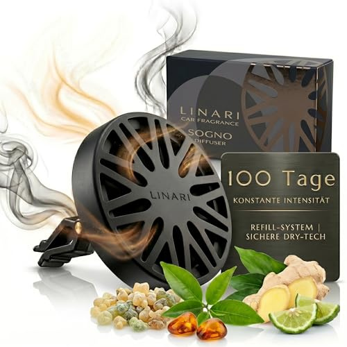 LINARI Autoparfum Auto Duft Innenraum SOGNO (Holzig & Würzig) – Nachfüllbarer Autoduft für die Lüftung | Edler Lufterfrischer im Metall-Design | Luxus Auto Zubehör Innenraum