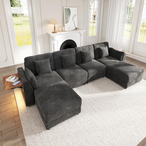 Kuczn Modulares U‑förmiges Ecksofa aus Chenille, Couch mit Schlaffunktion, Sofa mit 2 beweglichen Hockern, LED‑Beleuchtung und klappbarem Armlehnen‑Beistelltisch, inklusive 6 Kissen, Grau