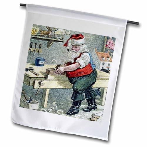 3dRose fl_172730_1 Weihnachtsmann mit Tischsägenherstellung Spezialspielzeug in seiner Werkstatt Gartenflagge, 12 x 18