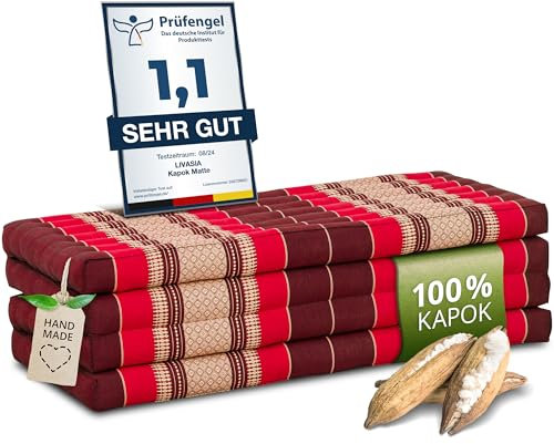 livasia Nachhaltige Klappmatratze aus Kapok - 200x110x8cm - breite Gästematratze, Faltbare Matratze, ökologische Yogamatte, klappbares Gästebett, Liege für Garten und Balkon (Rubinrot)