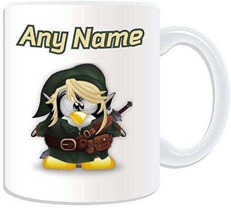 Cadeau personnalisé – Mug (pingouin jeu vidéo personnage design de costume blanc) Nom Message unique drôle fantaisie super héros super ordinateur RPG légende Zelda arme Arrow Hyrule