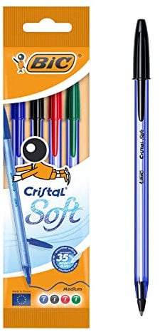 BIC Cristal Soft bolígrafos punta media (1,2 mm) - colores Surtidos, Blíster de 4 unidades