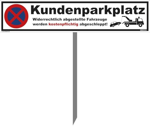 Kleberio® Parkplatz Schild 52 x 11 cm - Kundenparkplatz - mit massiven Einschlagpfosten aus Stahl verzinkt 1 Meter und Montagematerial stabile Aluminiumverbundplatte