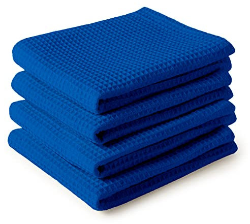 Encasa XO Kitchen Dish Towels Set | Blue | Waffle Weave and Flat Hand Tea Towel | 70x45 cm | Quick Drying Reusable Cotton Washcloths | Multipurpose Lightweight Dishcloths Set of 4