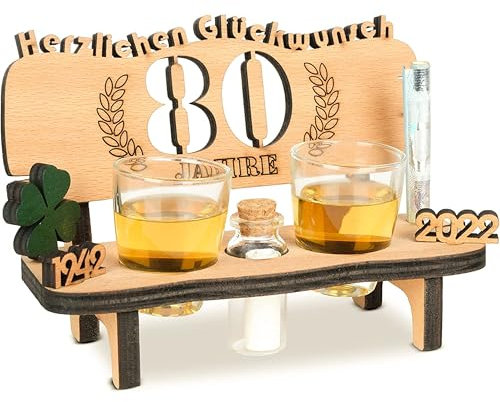 Brynnberg Schnapsbank mit Jahreszahl - Holz Lorbeerkranz mit Zahl Gravur - Geschenk zum 80 Hochzeitstag Paar Jahrestag - Geburtstag und Pärchen Geschenke Idee - mit 2 Gläsern und Jahre 1943-2023