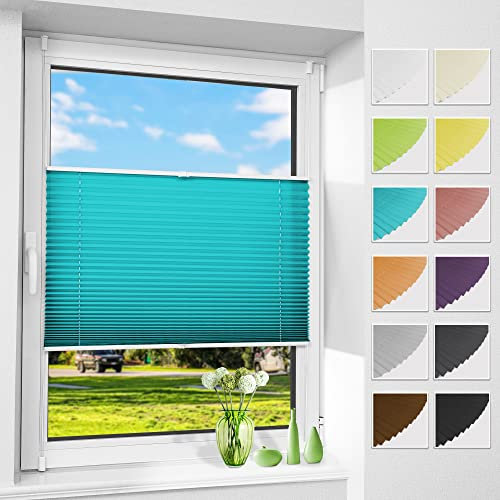 Allesin Plissee ohne Bohren Plissees Klemmfix Türkis 100x130cm(BxH), Plisseerollo Faltrollo mit Klemmträger, Jalousie Rollos für Fenster und Tür, Sichtschutz und Sonnenschutz