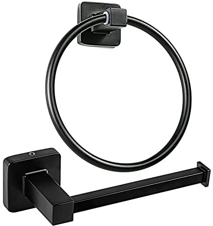 YUET Matte Black Square Bathroom Toilet Roll Paper Holders Tissue Holder & Towel Ring Bar Accessories 2 Pieces Stainless Steel Hardware Set (Black)