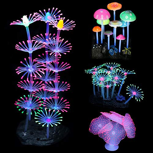 Mangsen 4 Stück Aquarium Pflanzen Künstlich, leuchtende Aquarium-Pflanzen einschließlich Silikon Seeanemone Korallen und Pilz Aquarium Wasserpflanzen Dekorationen für Fisch Tank Aquarium Landschaft