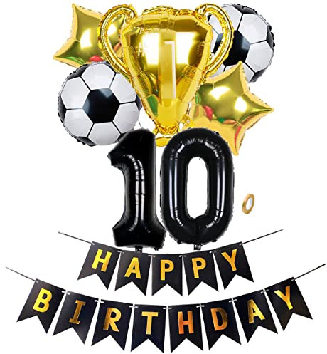 Jxuzh Fußball Party Dekoration Fussball Happy Birthday Banner Fußball Luftballon XL Zahl 10 Zahlen Ballon Schwarz Fussball Folien Ballon Pokal Gold 10. Kinder-Geburtstag Junge Geburtstagsfeier