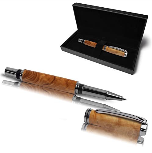 Handgefertigter Tintenroller aus Echtholz | Hochwertiger Rollerball aus Holz mit Miene & Etui | Exklusives Business Geschenk Set (Olivenholz)