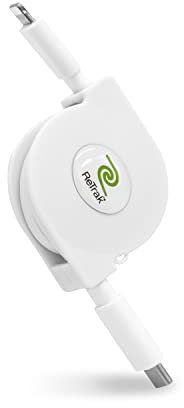 ReTrak Premier Series Retractable Lightning to USB-C Charge and Sync Cable, 18W High Speed Charging Lightning to Type C Charger for iPhone 13s, AirPods Pro, 2.6ft, White