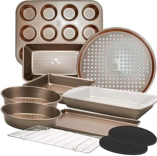 KITCHENATICS 12-Piece Carbon Steel Baking Pans Set Nonstick, Kitchen Essentials for New Home, Nonstick Bakeware Sets w/Cake Pans, Muffin Pan Set, Oven Pan - Stackable Bakeware Set, Champagne Gold