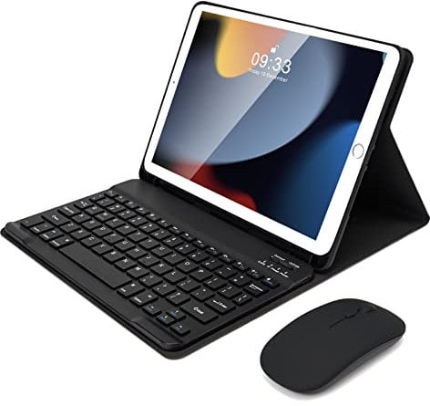 SOPPY Bluetooth Keyboard Case with Mouse for iPad 9th Gen 2021, 8th Gen 2020, 7th Gen 10.2 2019, Air 3 & Pro 10.5, Detachable Wireless, Slim Protective Cover, with Pencil Slot, UK Layout, Black