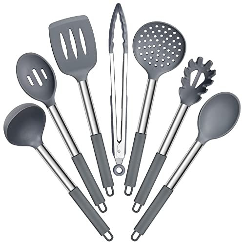 E-far Silicone Cooking Utensils Set, 7 Pcs Heat Resistant Kitchen Utensils with Stainless Steel Handle, Slotted Turner, Spoon, Soup Ladle, Pasta Server, Skimmer, Tongs for Nonstick Cookware, Gray