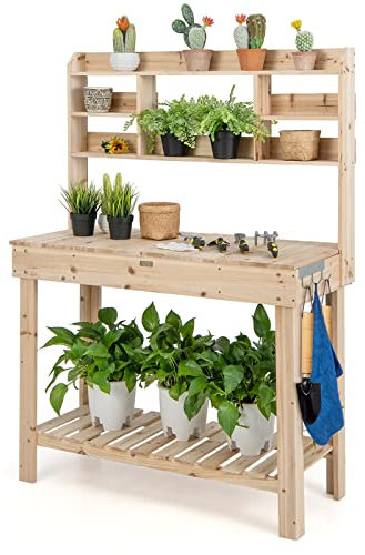 COSTWAY Table de Rempotage en Bois de Sapin avec Niveaux d'Étagères, Table de Jardinage avec 3 Crochets et Table Ouvrable 108 x 50 cm Charge 150 kg, pour Serre de Jardin de Terrasse
