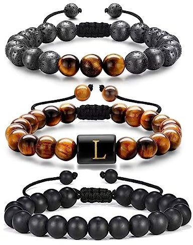 TINGN Armbander Herren, Herren Männer Armband Perlen L Buchstaben 8mm Tigerauge Lavastein Armbänder für Herren Männer Perlenarmband Set Geburtstag Weihnachten Jahrestag Geschenk für Ihn Freund
