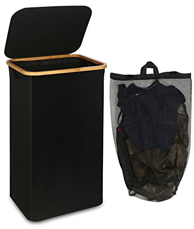 efluky Wäschekörbe mit Deckel 120 Liter hoher Wäschebox mit Bambus Henkel und Innentasche, faltbarer groß XXL Waschekorbsammler Wäschekorb Wäscheboxen Laundry Baskets