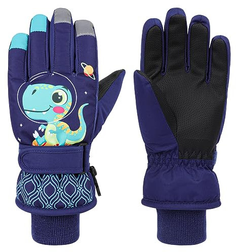 QKURT Kinder-Skihandschuhe, Warme Winter-Schneehandschuhe für Kinder, Verdickte Winddichte Kleinkind-Handschuhe mit Dinosaurier-Muster, Kaltwetter-Skating-Rodeln-Handschuhe für Jungen und Mädchen