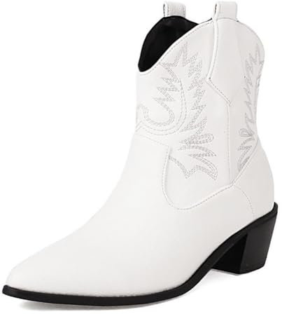 WeFloHsL Donna Stivali da Cowboy Tacco Largo Basso Punta A Punta Stivaletti Ricamati,Bianca,37 EU
